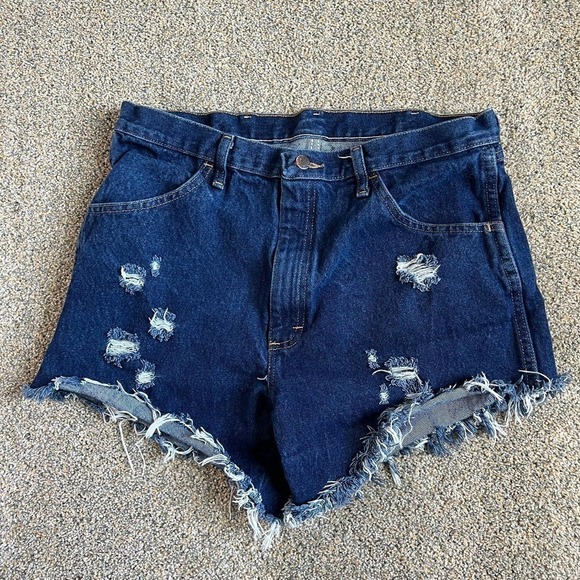 RUSTLER Cut Off Daisy Duke Denim Shorts Distressed Fray Hem High Rise Upcycle 36 - Picture 1 of 4